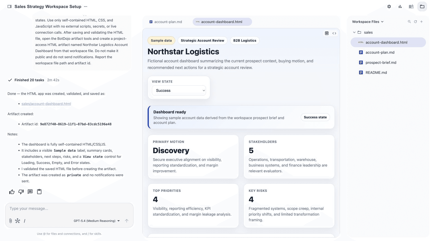 A BotDojo Workspace agent creating and previewing an interactive account dashboard.