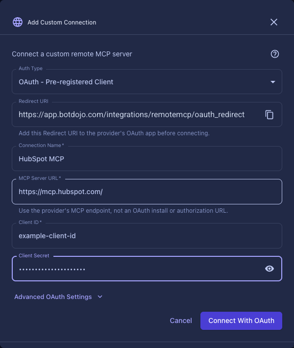 OAuth Pre-registered Client form